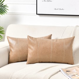 Fancy Homi Tan Lumbar Waterproof Faux Leather Decorative Throw Pillow Covers 12x20 Inch for Living Room Couch Bed, Beige Hand Stitched Cushion Case 30x50 cm, Taupe Modern Farmhouse Home Décor