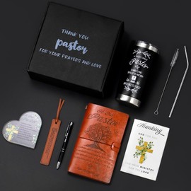 Pastor Gifts ,Pastors Valentines Day Appreciation Gifts 7pcs Set For Women Men ,Unique Pastor Gifts,20oz Tumbler Leather Journal Cards Signs Pen Bookmark For Christian Christmas Birthday Retirement Anniversary