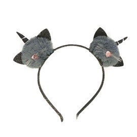 Lizzy Cat Ear Headband | Soft Faux Fur & Unicorn Horn Hair Hoop Headband | Metal Hoop Hairbands Hair Accessories for Daily Wearing and Fancy Party Accessory (Grey)