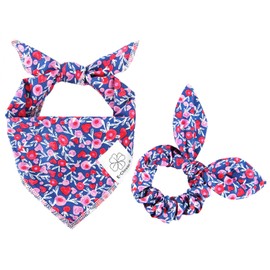 Dog Bandana & Matching Scrunchie Set Floral Dog Bandanas Scarf with Bow Hair Ties for Small Puppy Dogs & Pet Owner Mom Navy Pink