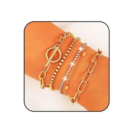 Jovono Boho Bracelets Gold Rhinestone Bracelet Set Cuban Links Stackable Hand Chain for Women (5 Pieces) One Size Fits All Plastic No Gemstone, Plastic, No Gemstone