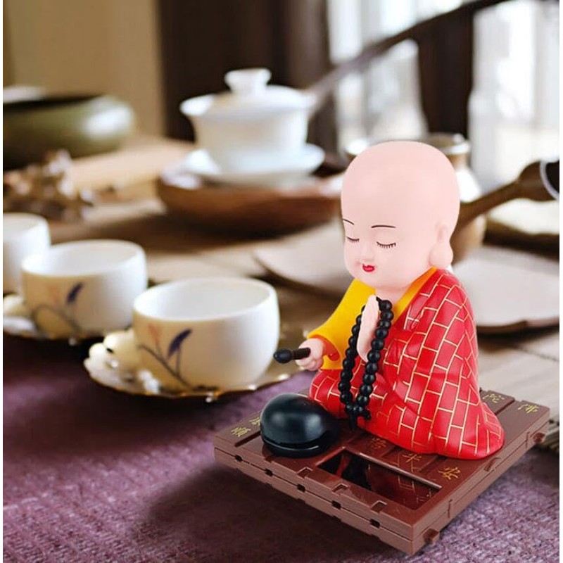 EatingBiting Little Monk Figurine Solar Buddha Monk Shaking Head Statue