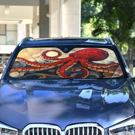 Octopus Red Ocean Nautical Coastal Windshield Sunshade Car Sun Shade Front Window Shade for Truck SUV Blocks UV Rays Sun Reflector Visor Protector Accordion Folding