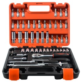 YesRight 53 Pieces Socket Wrench Set Drive Socket Set with 1/4 Inch Ratcheting Wrench Plastic Toolbox Storage Case for Automotive Repair And Home Use