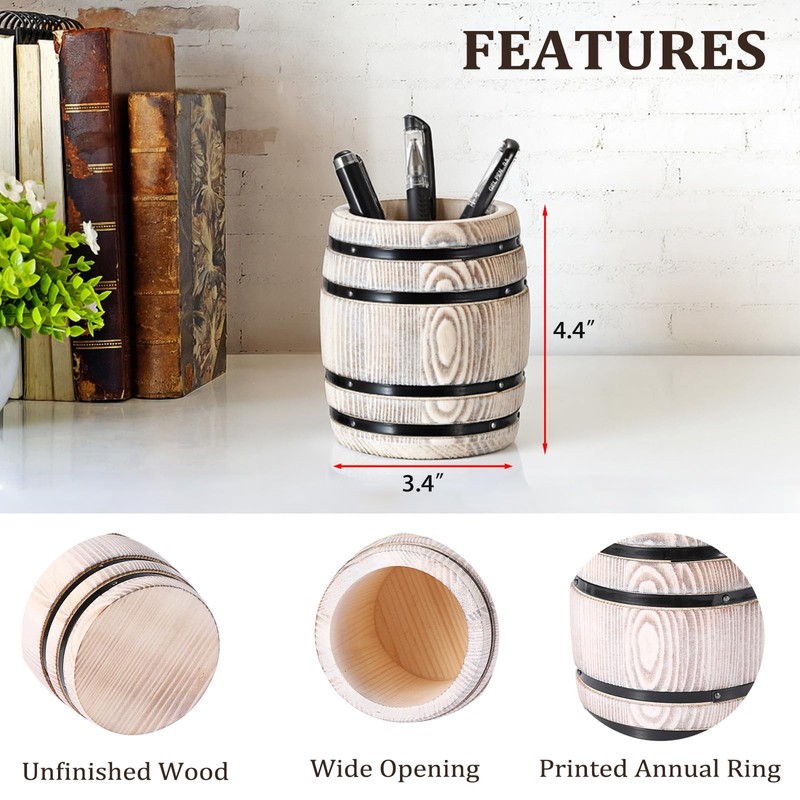 Hoowen Rustic Wooden Pen Holders for Desk, Wine Barrel Funny