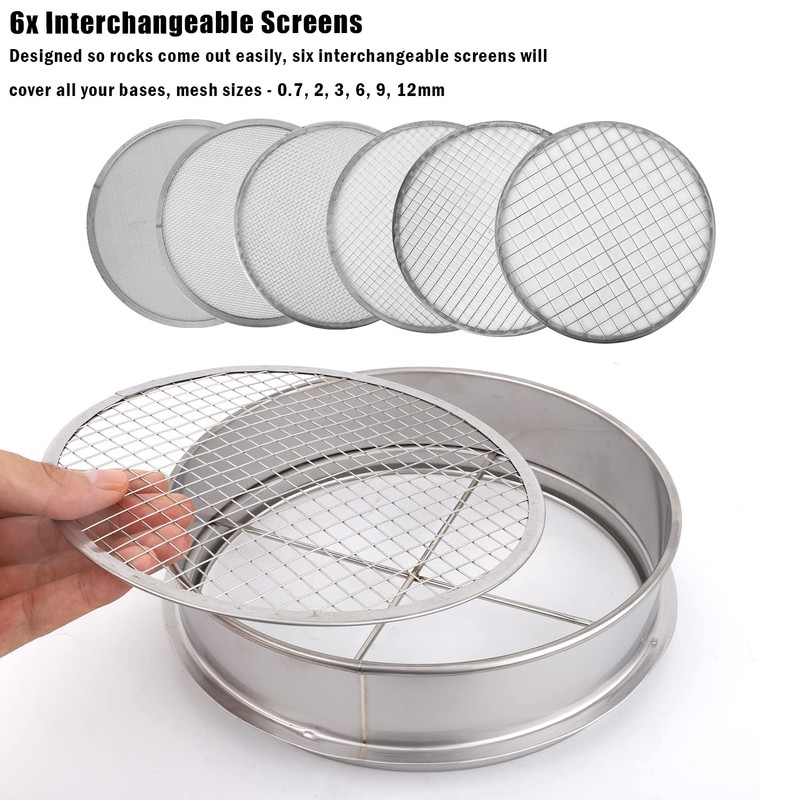 Garden Soil Sifter, Stainless Steel Frame 7.9inch Garden Sieve 6pcs