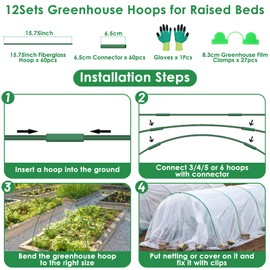 60 Pcs Garden Hoops for Raised Beds, 12 Sets Greenhouse Hoops Grow Tunnel Rust-Free Fiberglass Hoop House Kit, Plant Support Garden Stakes Hoops Frame for Netting Shade Cloth Row Cover Garden Supplies