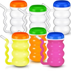 FoldTier 6 Pcs Sip a Mug 14 oz Easy to Grip Plastic Kid's Cup Where the Handle Is the Straw Clear Sippy Cups Spill Proof Mug for Everyday Use for Kids Elderly Disabled and Handicapped, 3 Colors Lid