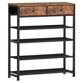 usikey Shoe Rack, 5 Tier Shoe Storage Organizer with 2 Drawers, Metal Shoe Shelf for 12-16 Pairs of Shoes, with 4 Fabric Shelves and Wooden Top, Shoe Stand for Closet Entryway, Black