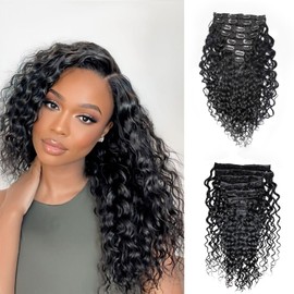 CindiRiver Clip in Hair Extensions,Real Human Hair Water Wave Clip in Hair Extensions for Women,Remy Human Unprocessed Curly Clip ins Human Hair 8 Pcs with 20 Clips,1B,22 inch