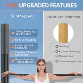 Adjustable Yoga Stick (30/45/60 in), Fully Foam-Sleeved Steel Stretching & Mobility Stick with Exercise Guide, Portable Fitness & Rehab Tool, Carry Bag Included