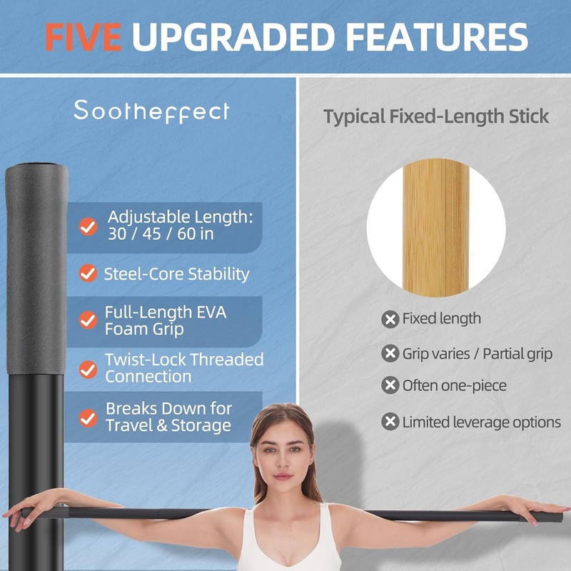 Adjustable Yoga Stick (30/45/60 in), Fully Foam-Sleeved Steel Stretching &