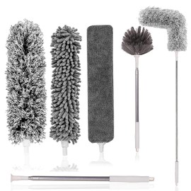 Tiumso Microfiber Feather Duster 5-in-1 Kit, 100 Inches Long Duster for Cleaning, Cobweb Duster with Extension Pole, Feather Duster for High Ceilings and Fans, Blinds, Cars and Furniture
