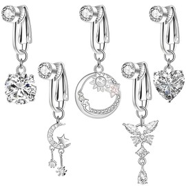 ClcIosis Pack of 5 Fake Belly Button Piercing, Silver Fake Belly Button Piercing, Long Women's Clothing Piercing Belly Button Suitable for Daily Trips, Appointments, Parties and Beach Activities