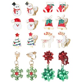 ShinyStyle J4You 8Pairs Christmas Clip on Earrings for Women Christmas Tree Snowman Moose Santa Bells Socks Holiday Clip on Earrin Xmas Fake Earrings Christmas Jewelry Gifts