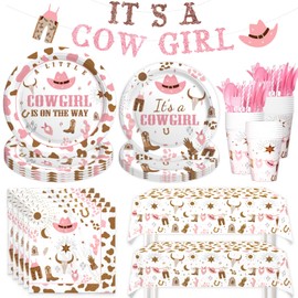 Costova Cowgirl Baby Shower Supplies Tableware Set, Baby Shower Decorations for Girl, Western Cowgirl Baby Shower Decor Banner Tablecloth Plates Napkins Forks for Wild West Rodeo Baby Shower Supplies