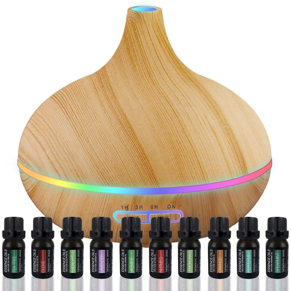 Ultimate Aromatherapy Diffuser & Essential Oil Set - Ultrasonic Diffuser & Top 10 Essential Oils - 400ml Diffuser with 4 Timer & 7 Ambient Light Settings - Therapeutic Grade Essential Oils - Lavender