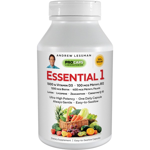 ANDREW LESSMAN Essential-1 Multivitamin 1000 IU Vitamin D3 60 Small Capsules – 100 mcg Methyl B12. CoQ10 Lutein Lycopene Zeaxanthin. High Potency. No Additives. Gentle Ultra-Mild. One Daily Capsule