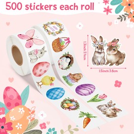 CNhoqc 1000pcs Watercolor Easter Sticker Rolls (2 Rolls), 16 Designs Vintage Easter Egg Bunny Chick Decorative Decals for Kids, Happy Easter Stickers for Water Bottle Scrapbook Gift Wrap Decor