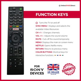 Remote For Sony Bravia KDL-48W705C LED HD 1080p Smart TV, 48 Freeview HD