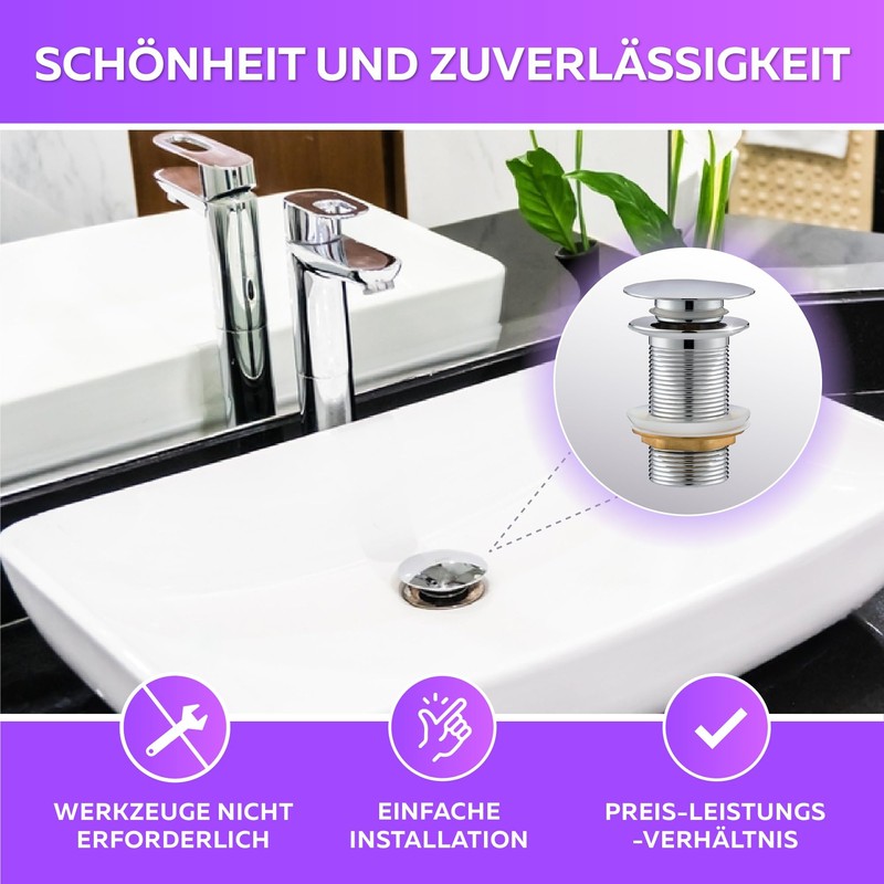 M. Rosenfeld Home Sink Drain Fitting without Overflow, Chrome Pop-Up