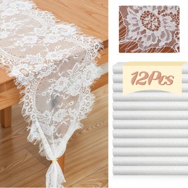 12 Pack White Lace Table Runners 14 x 120 Inch White Rustic Lace Fabric Table Runners with Rose Embroidered Floral Vintage Table-Runner for Party Wedding Bridal Shower Decorations