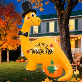 BLOWOUT FUN 8FT Thanksgiving Inflatables Dinosaur with Top Hat Bow Tie and Pumpkin Decor Built-in LED Lights Blow Up Brachiosaurus for Fall Autumn Harvest Indoor Outdoor Front Door Yard Lawn Garden