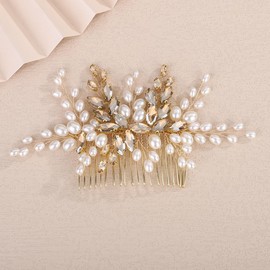 Teyglen Champagne Crystal Pearl Hair Comb Pearl Wedding Hair Comb for Bride Wedding Headpiece Bridal Hair Accessories Jewelry for Women Rhinestone Hair Piece(Champagne)