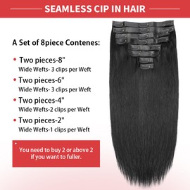Seamless Clip in Hair Extensions Human Hair Full Head Natural Black PU Seamless Hair Extensions Straight 8pcs 120g Clip ins 100% Remy Human Hair Extensions For Women (16 inch, #1B)