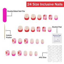 Valentines Press on Nails Short Square SWEKKE Pink French Tip Fake Nails False Nails with Designs Red Pink Lips Full Cover Glossy Glue on Nails Valentine's Day Acrylic Nails for Women Girls 24 Pcs
