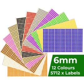 Adheso Pack of 12 Multicolour Sheets - 6mm 1/4 Inch - Round Colour Coding Dot Stickers - 5,712 x Sticky Dots