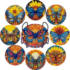 DOZEEZOP 8 PCS Diamond Art Coasters Kit, Diamond Painting Coasters with Holder, Fall Diamond Art Kits for Adults Beginners, Arts and Crafts Supplies Party Item Sets Sunflower Butterfly