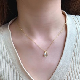 Fibonacci's 925 Sterling Silver & 18K Yellow Gold Crescent Moon and Natural Pearl with Cubic Zirconia Pendant & Chain Necklace and earrings with Luxury Gift Box