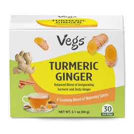 Vegs Turmeric Ginger Tea Bags - Organic Turmeric & Ginger Herbal Tea with Cinnamon Bark, Cardamom - Support Balanced Mood, Aids Digestion, Improves Skin Health - No Caffeine - 30 Tea Bags