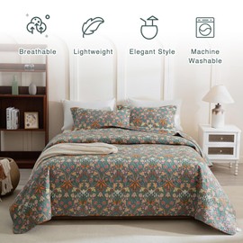 QSH 3Pcs Floral King Quilt Set (110"x98") -100% Cotton Quilt King Size Bedding Set Luxury Paisley Flower Botanical Printed Bedspread Coverlet King Soft Lightweight Quilted Bedding Set