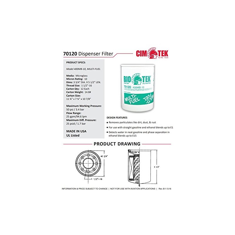Cim-Tek 70120 400MB-10 Fuel Dispenser Filter, 10 Micron Phase Sep/Gilbarco