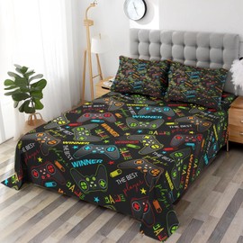 Pamnest Twin Size Bed Sheet Sets, Colorful Gamepad 3 Pcs Bedding Sets for Kids and Adults Bedroom Bed Decor, Gaming Players Flat, Fitted Sheet and 2 Pillowcases