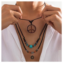 ZZQPSD Peace Sign Pendant Necklace Layered Puka Shell Turquoise Boho 1960s 1970s Hippie Party Accessories Necklaces