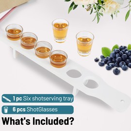 MITREL Shot Glasses Serving Set Includes 6 Tequila Shot Glasses and Shot Glass Bulk Serving Tray,Clear Shot Glass Holder Set for Party, Bar, Club, Cocktail (Classic White)