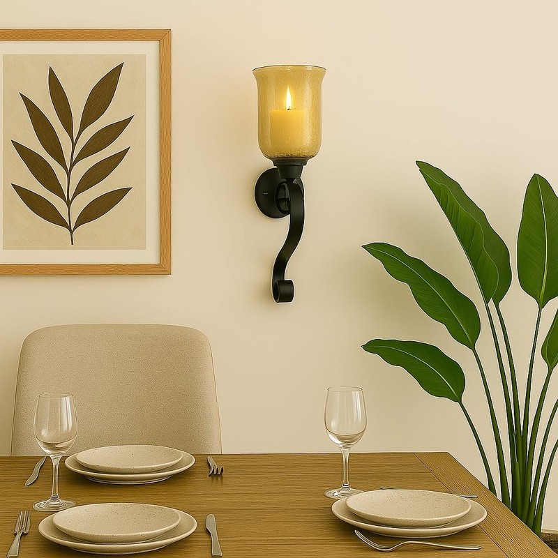 GLOBEDECOR Decorative Wall Sconce, Black Metal Scroll Design, Gold Glass