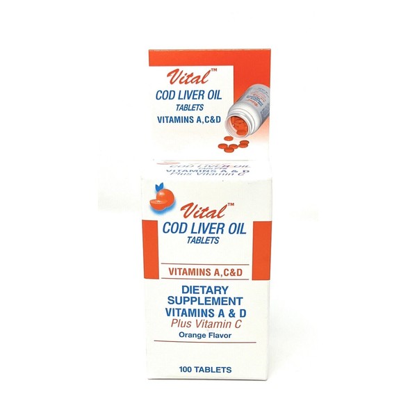 Vital Cod Liver Oil Orange Flavor With Vitamins A, D & C 100 Tablets