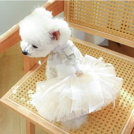 Anelekor Fancy Dog Dresses with Leash Ring, Embroidered Dog Wedding Dress, Bow Puppy Clothes for Small Dogs Girl Multi-Layer Lace Tutu Cat Outfit for Kitten Chihuahua Yorkie, Champagne，X-Small