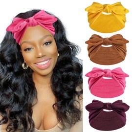 FULZTEY Bow Headbands for Women Wide Hairbands Vintage Large Headwrap Elastic Non Slip Workout Sports Head Band Thick Turban Cotton Bandanas for Hair Accessories 4Pcs