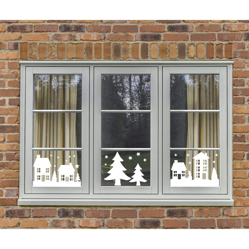 Large Pack Christmas Houses Trees Silhouettes, Window dressing Sticker, Spread