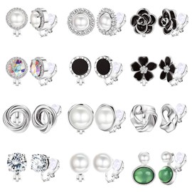 JeweBella 12 Pairs Clip On Earrings for Women Cute Pearl Cubic Zircnonia Flower Earrings Fashion Non Pierced Clip On Earrings for Girls