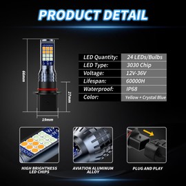 NHHEO PSX26W 12278 LED Fog Light Bulb Dual Color Amber&Ice Blue 24SMD 3030 Chips High Bright Fog Lamp/DRL Replacement H28W PWY26W(2pcs)