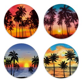 Losthll Coasters for Drinks, Set of 4 Absorbent Ceramic Coasters, Tropical Sunset Palm, Round, 4 Inches