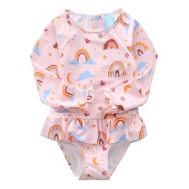 Aisyee Little Girls One Piece Bathing Suits Long Sleeve Rash Guard Swimsuits Swimshirts for Girls Pink Rainbow 5T