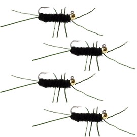 The Fly Fishing Place Tungsten Bead Jigged Pat's Rubber Legs Nymph Fly Fishing Flies - Black with Olive Legs - Trout and Bass Wet Fly Pattern - 4 Flies Hook Size 10