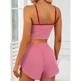 Remidoo Women's Striped Pajamas Sleeveless Cami Top Pj Set Spilt Lounge Wear Red X-Large